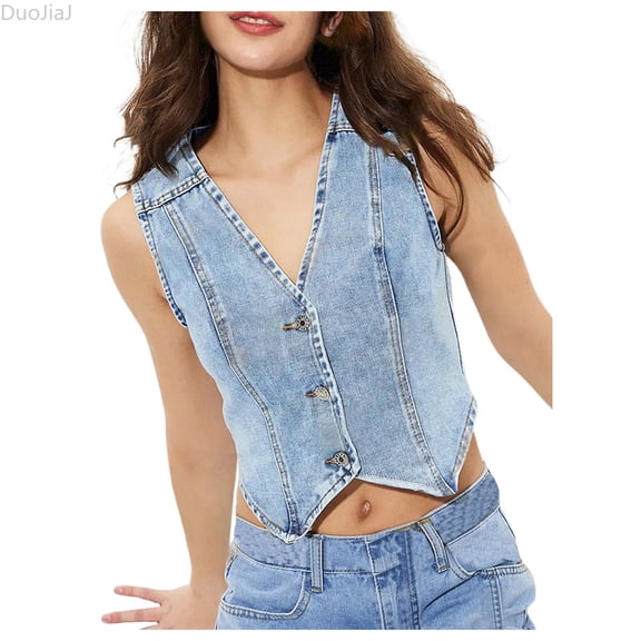 DuoJiaJ Ladies Fashion V Neck Denim Vest Versatile Top For Women Casual Wear Stylish Sleeveless Jean Blouse Summer Tank Tops Women Blue L