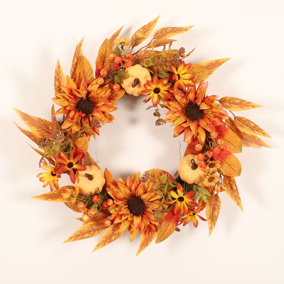 Artificial Fall Wreath 17.8 Inch Autumn Wreaths for Front Door with Orange Berries, Daisies, Eucalyptus Leaves Autumn Door Wreaths for Thanksgiving Harvest Festival Wall Porch Farmhouse (With light)
