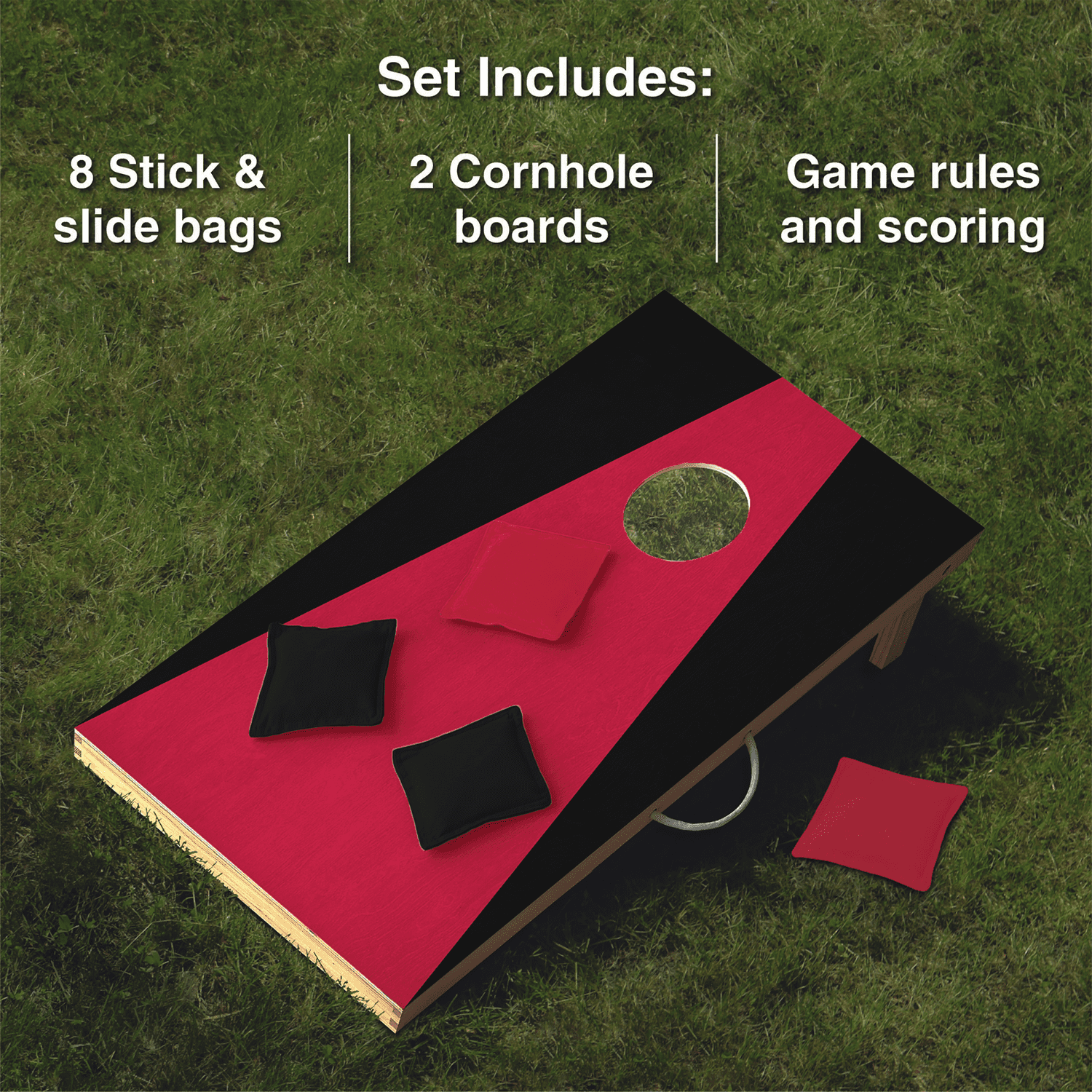 Wooden Cornhole Set, Red & Black Colors, Stick & Slide Bags, 10 Pieces, 2 Boards, 8 Bean Bags, Family Games, College Games, Ages 3+ by MinnARK