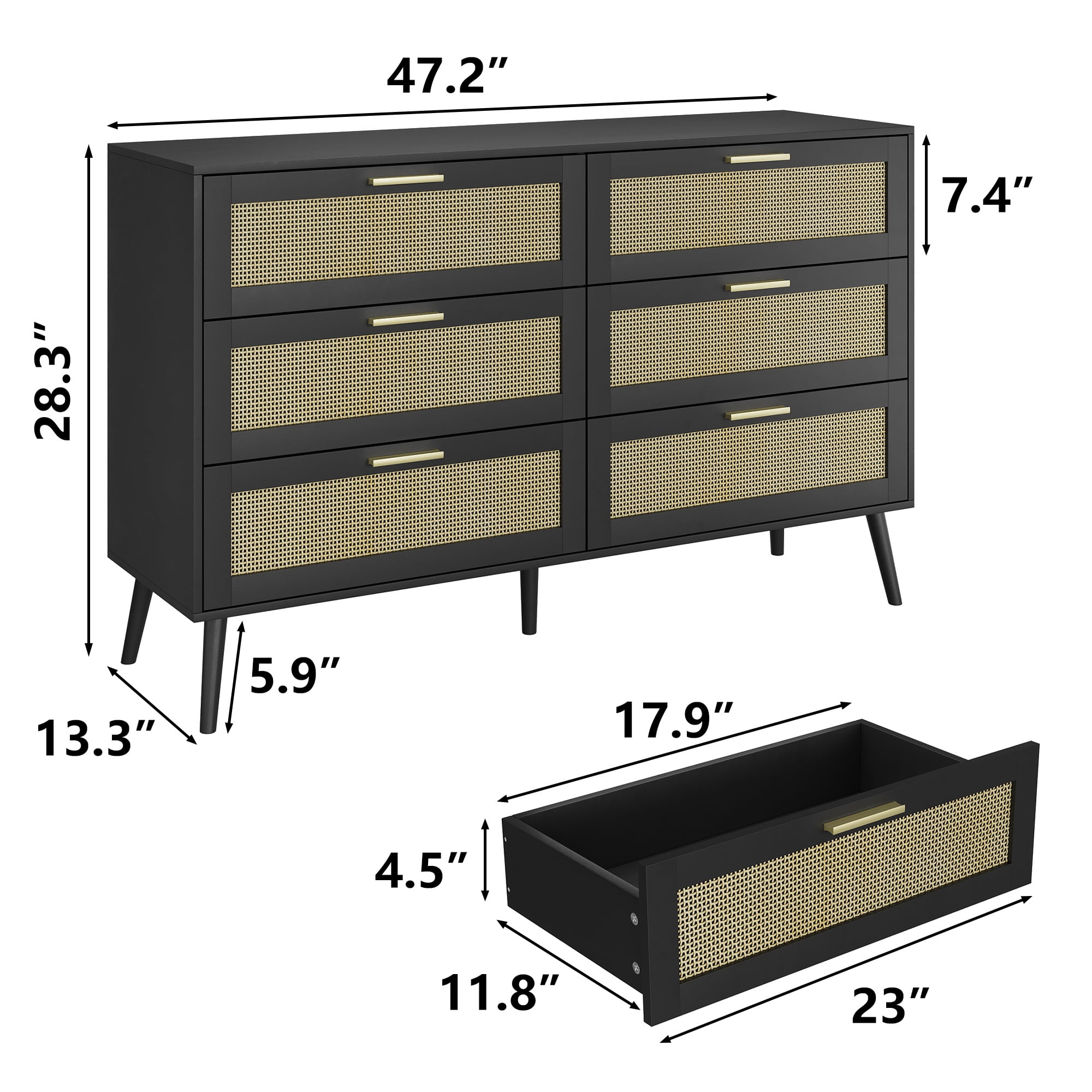 Finihen Rattan 6 Drawers Chest of Dressers, Modern 6 Drawer Dresser, Wide Chest of Drawers with wood Handles, Rattan Dresser Storage Cabinet, for Living Room, Bedroom, Hallway, Black Finihen Rattan 6 Drawers Chest of Dressers, Modern 6 Drawer Dresser, Wide Chest of Drawers with wood Handles, Rattan Dresser Storage Cabinet, for Living Room, Bedroom, Hallway, Black