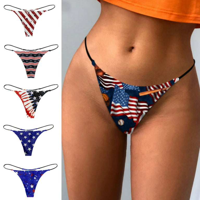 Sksloeg Thong Panties Bikini Cheeky Bottom USA Stars Stripes Independence  Print G String Panties Low Rise Underwear,Red L 