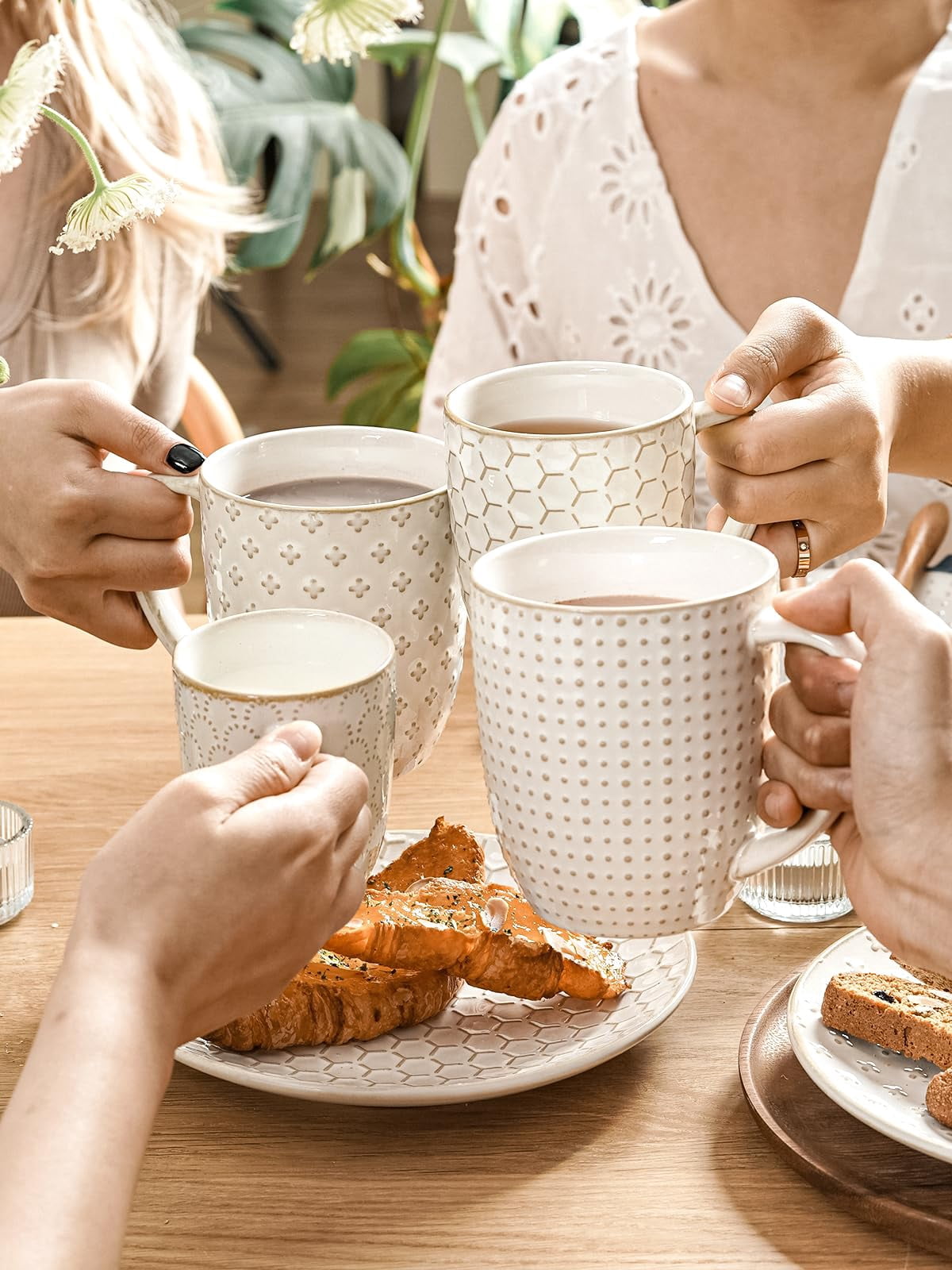 Coffee Mugs 12 oz, Ceramic Mug Set Set of 4, Embossment Cups for Espresso, Latte, Tea, Cocoa, Cappuccino & Mocha, Dishwasher Oven Microwave Safe - 3.4 inch, Arctic White