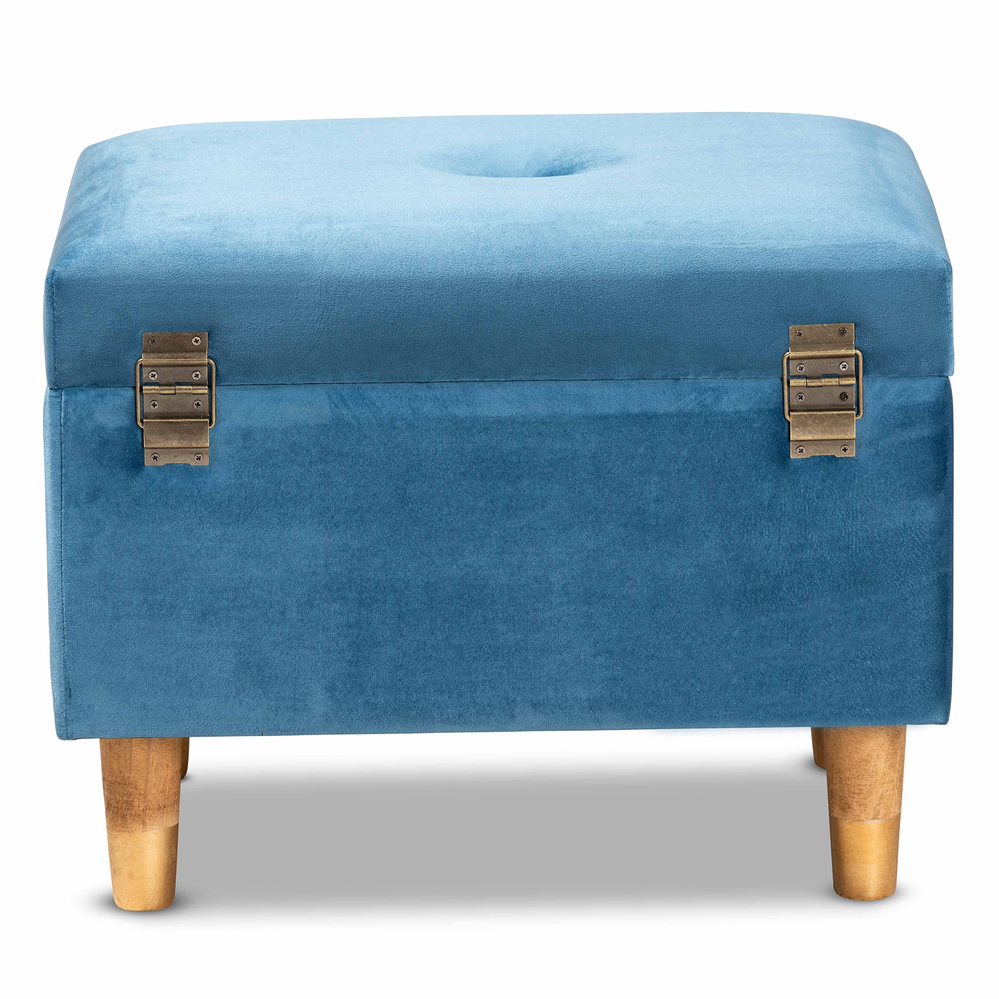 Baxton Studio Elias Modern and Contemporary Sky Blue Velvet Fabric Upholstered and Oak Brown Finished Wood Storage Ottoman