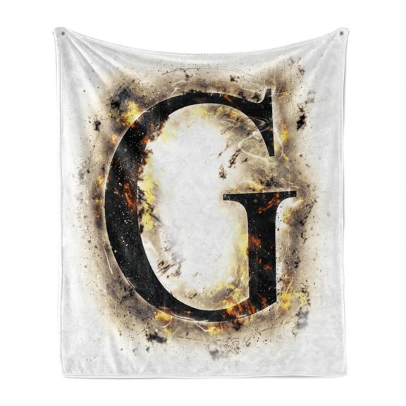 Letter G Soft Flannel Fleece Throw Blanket, Abstract Blaze Alphabet Design Flame Burnt Capital Paper Effect, Cozy Plush for Indoor and Outdoor Use, 50" x 60", Yellow Black Tan, by Ambesonne