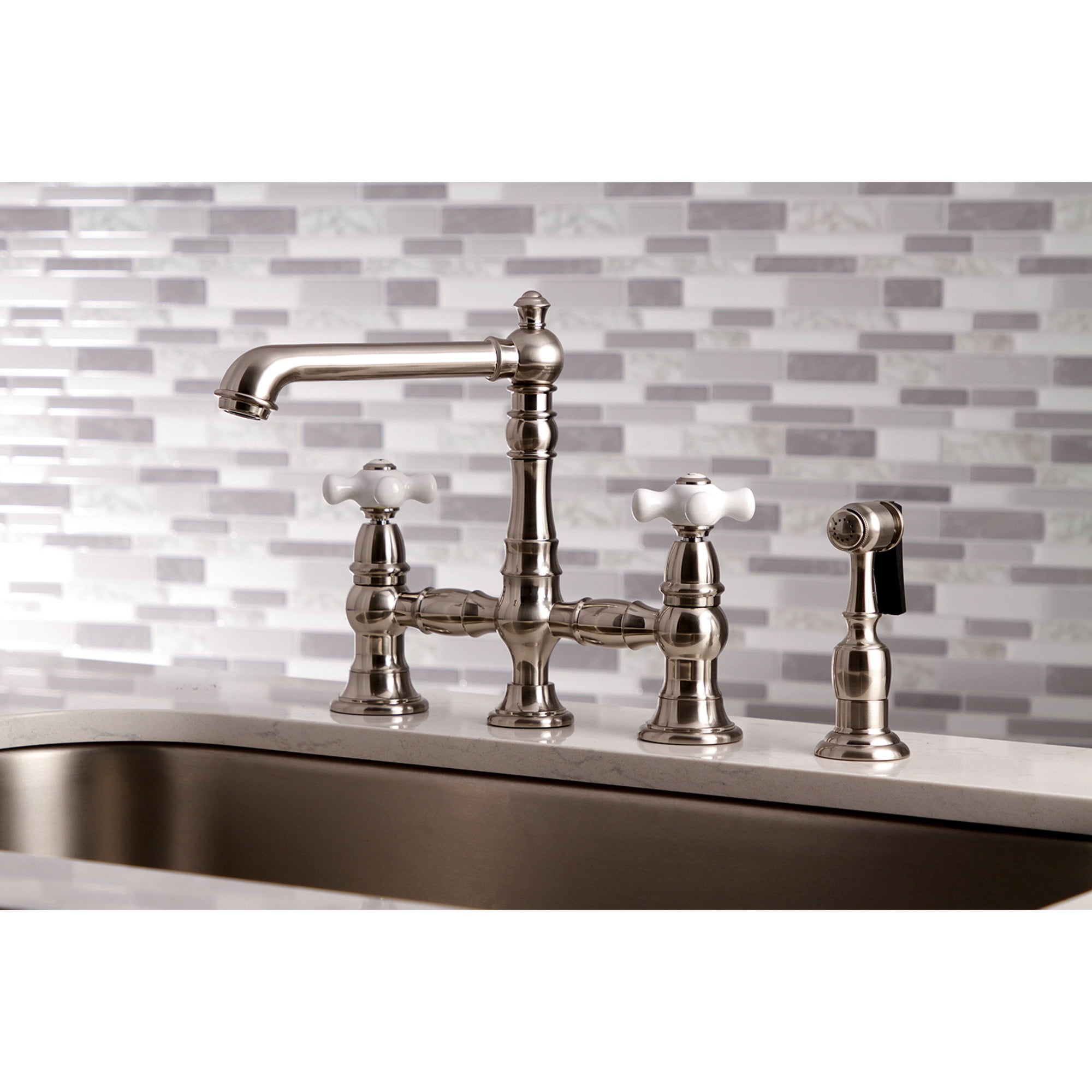 Kingston Brass KS7278PXBS English Country Bridge Kitchen Faucet with Brass Side Sprayer, Brushed Nickel