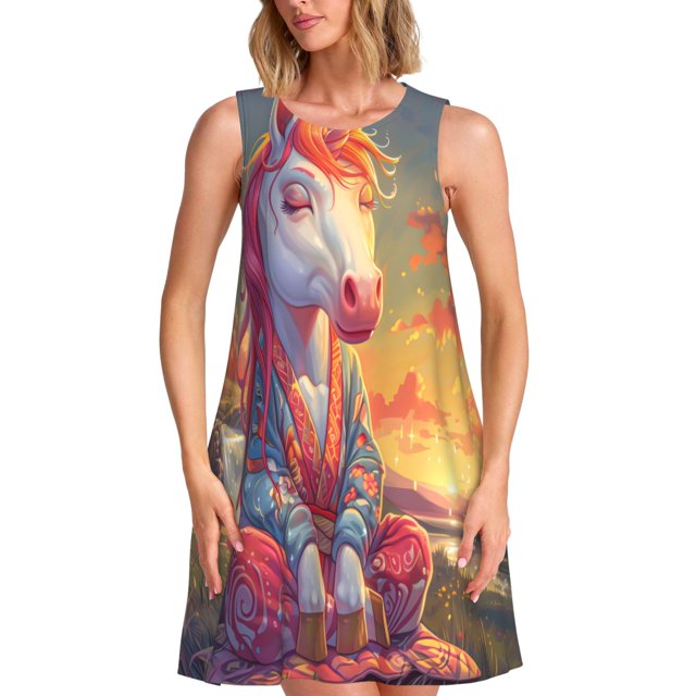 Easygdp Meditating Cute Horse para Vestido Transpirable de Mujer, Vestido Suelto de Manga Corta con Pliegues y Bolsillos para el Verano