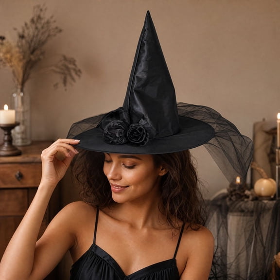 Rose Witch Hat for Women, Halloween Mesh Witch Hat with Roses, Foldable Costume Accessory for Masquerade, Carnival, Cosplay, Party Dress Up and Holiday Decoration