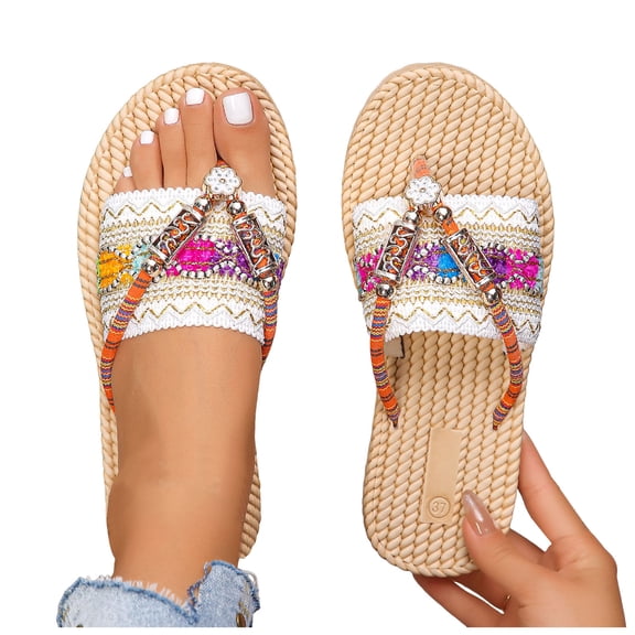 Rokment Women's Bohemian Ethnic Flat Dress Flip Flops Beach Vacation Summer Casual Waterproof Slip on Thongs Sandals Boho Dressy Slides Beige Size 6.5