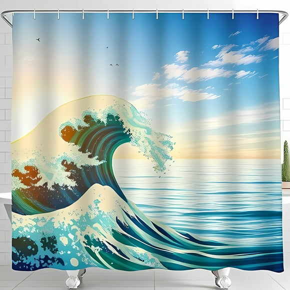 Stylized Ocean Wave Shower Curtain - Japanese Woodblock Print Inspired Design for Tranquil Bathrooms