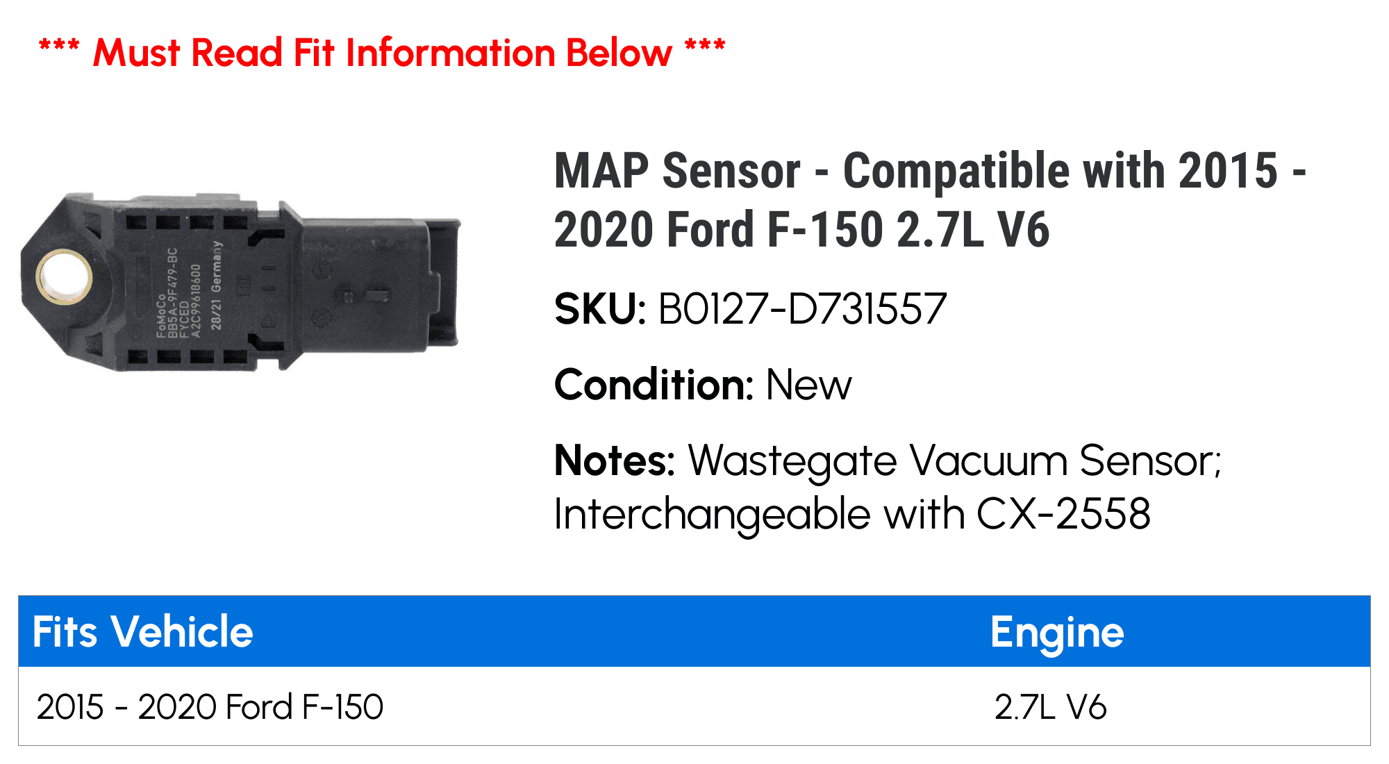 MAP Sensor - Compatible with 2015 - 2020 Ford F-150 2.7L V6 2016 2017 2018 2019