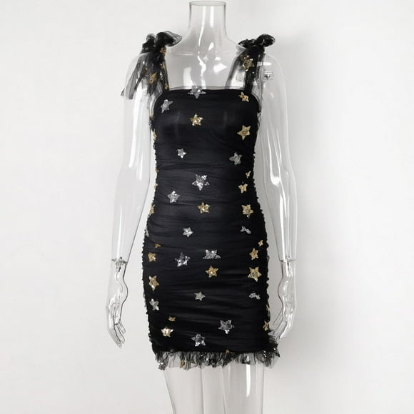 Robe de Fête Célébrité Étoile Douce à Sequins Robe Froncée Chic Épaule Nouée Tenues de Mariage Élégantes Vestidos - Noir / L