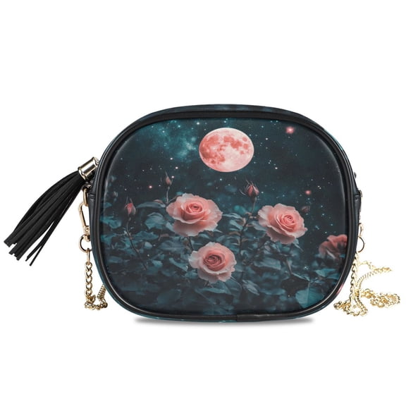 Womens Casual Chain Shoulder Bag Simple style Roses under Red Moon Crossbody Bag