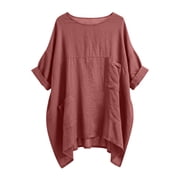 VEKDONE Womens 3/4 Sleeve Cotton Tops Solid Color Loose Fit Gauze Shirts with Pockets Casual Crewneck Lightweight Tops Fashion Tunic Blouses for Daily Red XXL