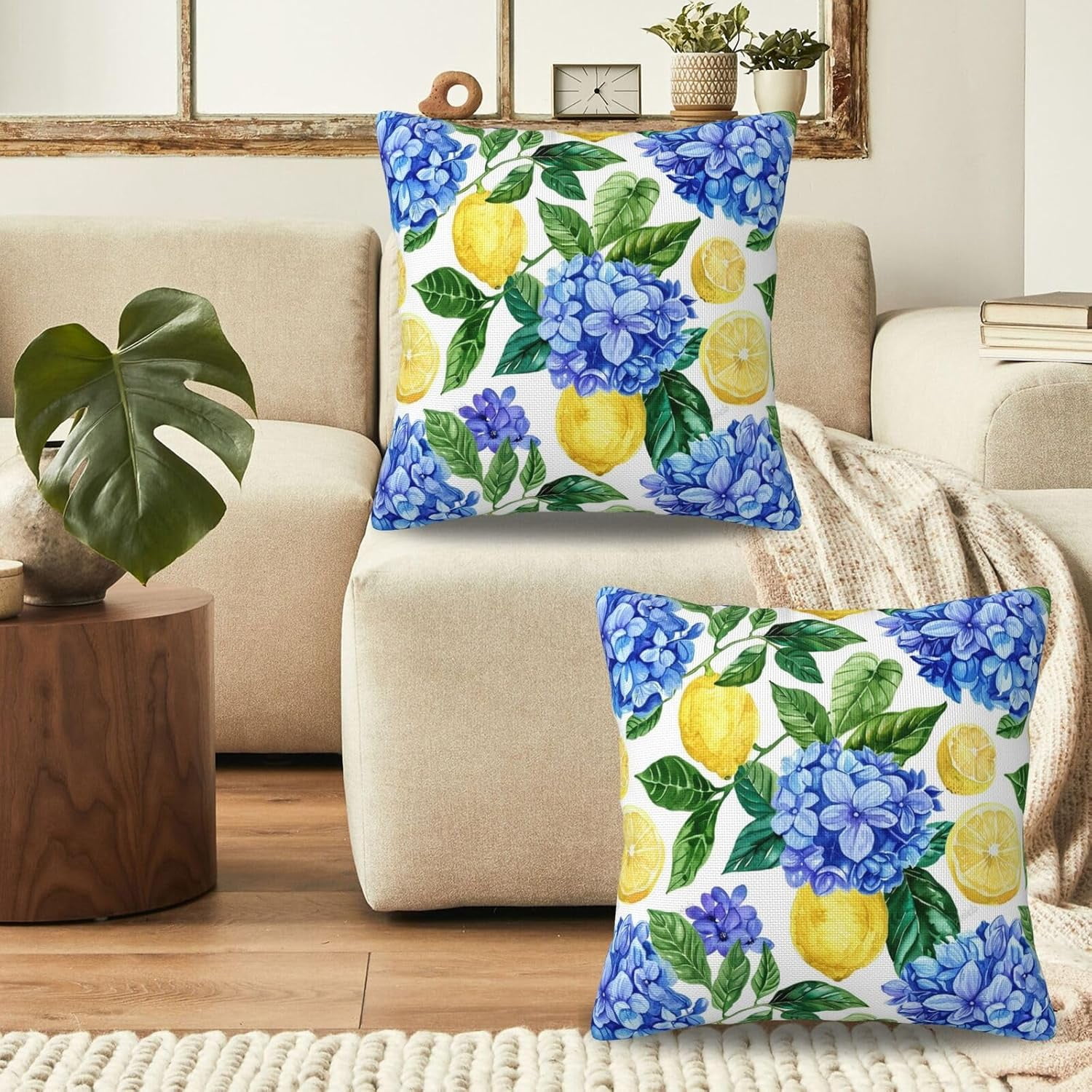 KiuLoam Summer Lemon Hydrangea Pillow Covers 18x18 Set of 2 Blue Yellow Floral Decorative Throw Pillow Covers Outdoor Farmhouse Cushion Cases for Sofa Couch Bed Living Room Decor