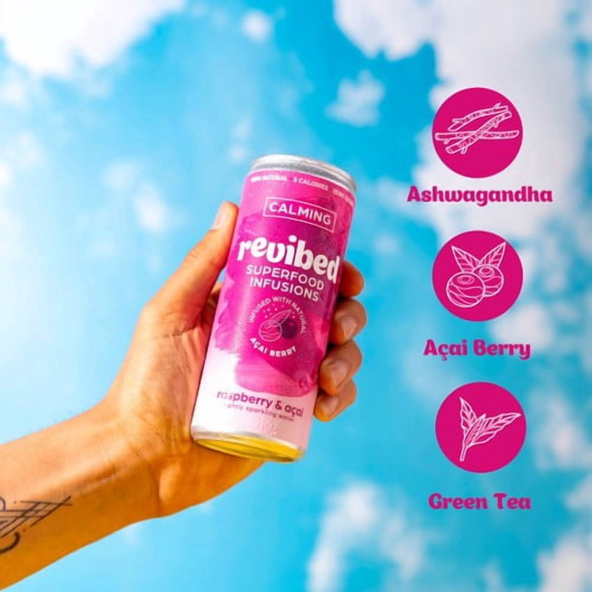 Revibed Calming Raspberry and Acai Berry Infused Lightly Sparkling Water 250ml, British Import (Pack of 6)