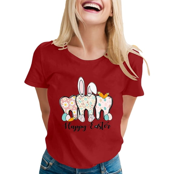 Alun Easter Bunny Ears Stethoscope Short Sleeve T Shirts Easter Nurse Bow Graphic T-Shirt for Women Casual Crew Neck Festival Printed Tee Tops Spring Summer Clothing 3-Red XL