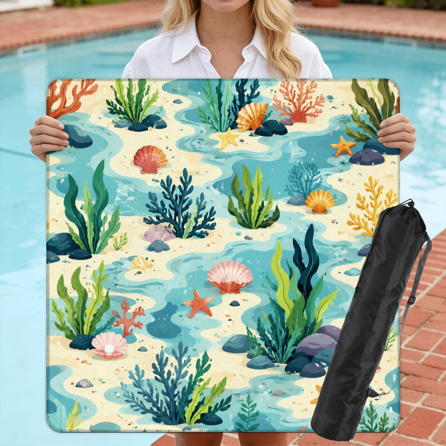 Mahjong Mat 31.5" x 31.5" Tropical Palm Tree Watercolor Beach Umbrellas Coastal Non-Slip Noise Reduction American Mahjong Tiles Table Cover for Dominoes Poker Card Board Games Gift