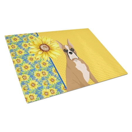 

Summer Sunflowers Fawn Boxer Glass Cutting Board Large 12 in x 15 in