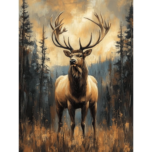 Qisvanset Framed Canvas Wall Art 12x16 Inch Mountain Forest Elk Western Wilderness Wall Decor