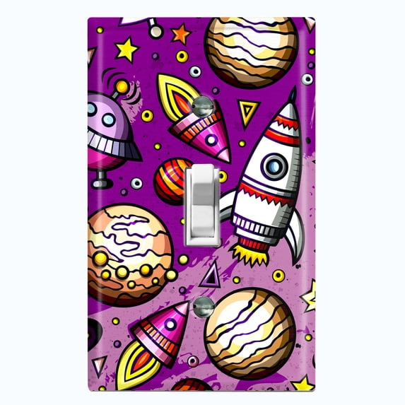 Metal Light Switch Wall Plate Outlet Cover (Spaceship UFO Astronaut Rocket Outerspace Star Pink - Single Toggle)