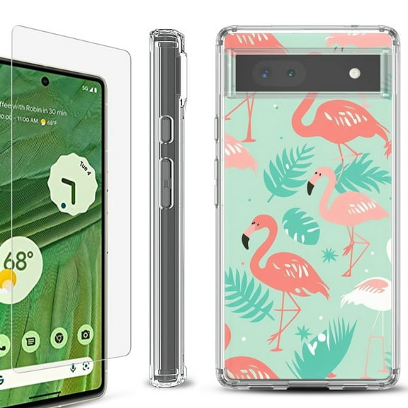 Shockproof Bumper Phone Case for Google Pixel 6a, with Tempered Glass Screen Protector, by OneToughShield ® - Flamingo