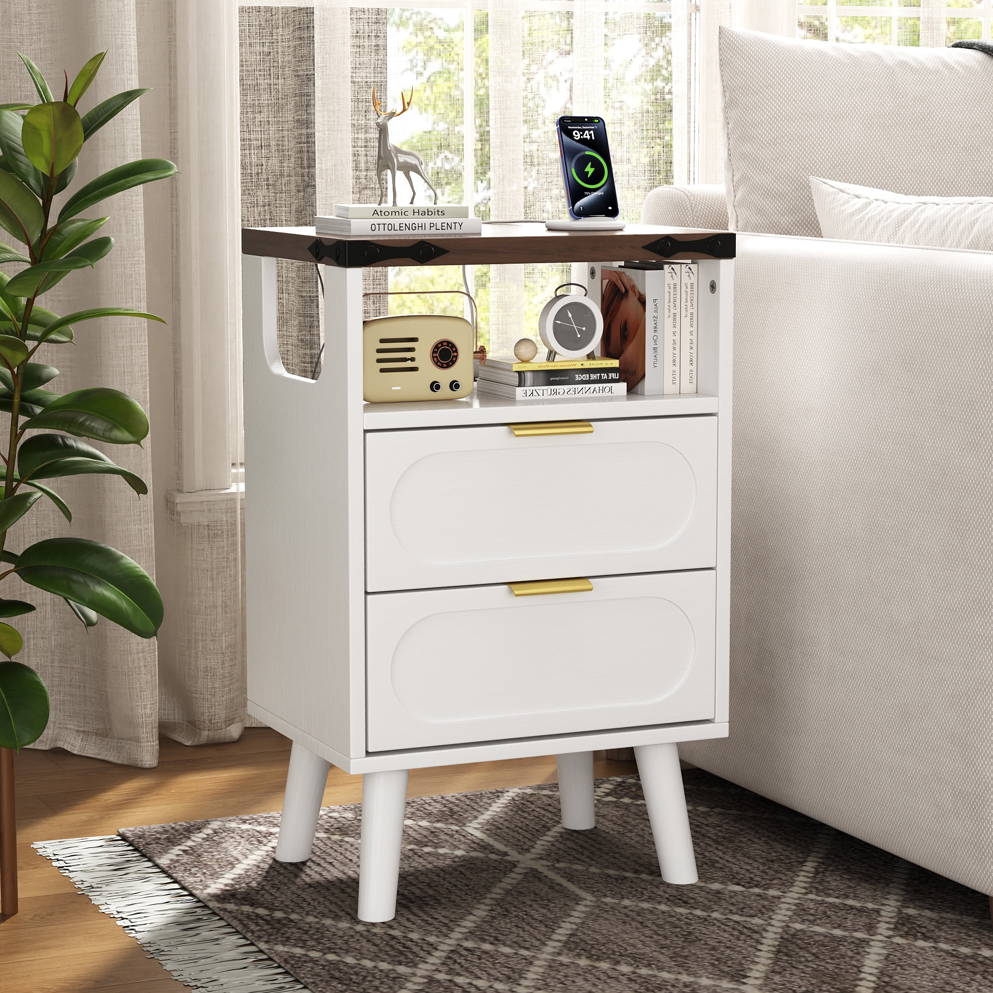 End Table with Charging Station, Smart LED Night Stand with 2 Wooden Drawers and Storage Shelf, Bedside Table with USB Ports & Outlets, for Living Room/Bedroom, White
