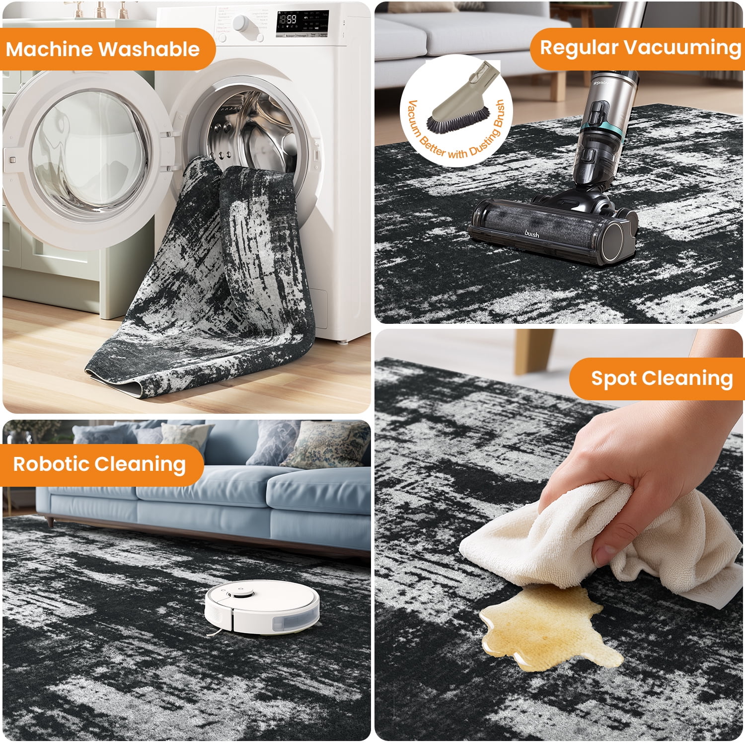 Area Rugs for Living Room, Homasen 4'x6' Washable Indoor Rug Neutral Ink Black, Soft Low Pile Stain Resistant Carpet for Entryway, Nursery, Bedroom