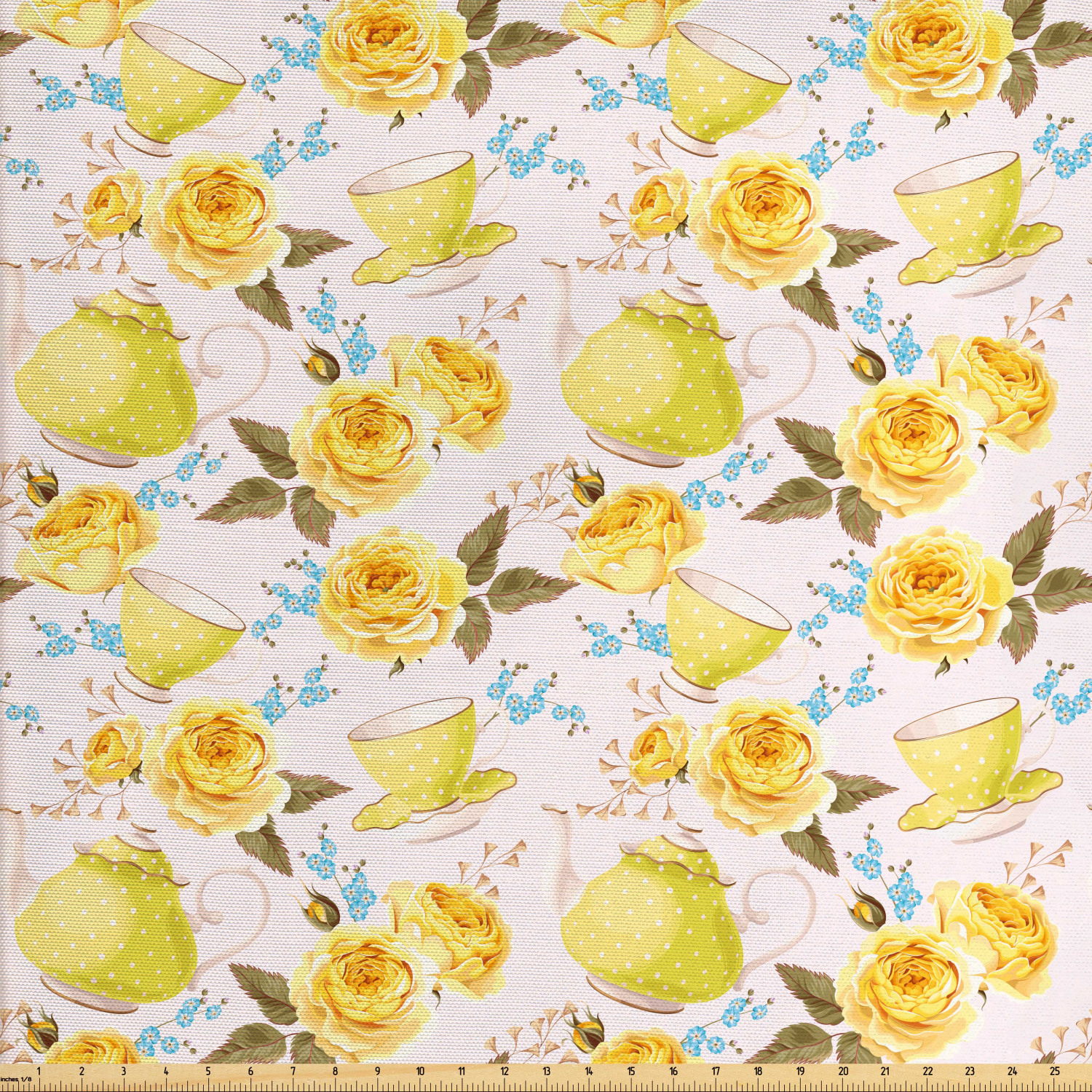 Tea Fabric by The Yard, Fairytale Inspired Image with Tea Time Cups and