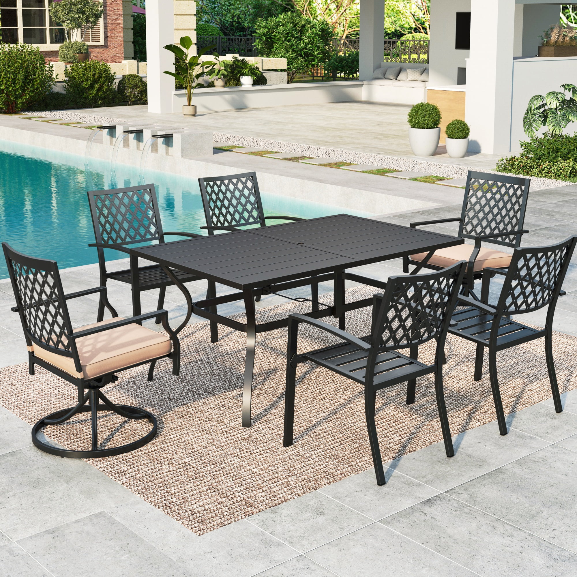 MF Studio 7-Piece Outdoor Dining Set with 2 Swivel Padded Chairs, 4 Stacking Chairs &  6-Person Table with Umbrella Hole, Black & Beige