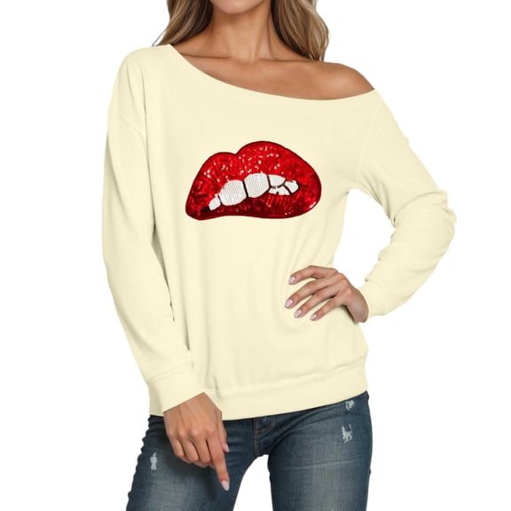 Tshirts for Women's Long Sleeve Off Shoulder Sweatshirt Lips Printed Crewneck Pullover Hoodless Casual Tops for Fall Winter Valentine's Day A-Beige L