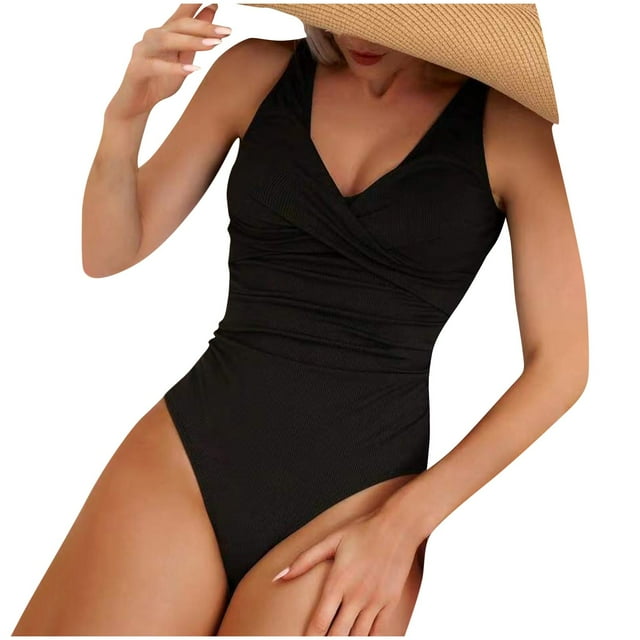 Pisexur Women's One Piece Bathing Suit Ruffle Ruched Tummy Control Swimsuits Solid Color Slimming Support Full Coverage 1 Piece Swimwear