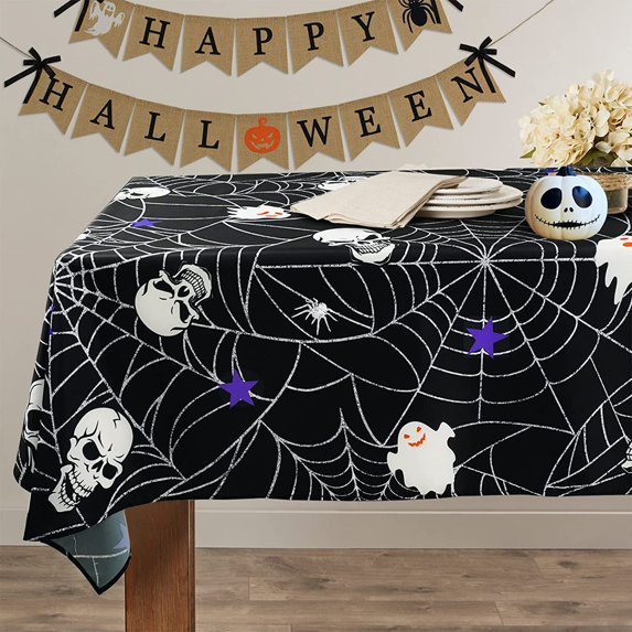 Halloween Black Spider WebTablecloth, Skull Lantern Horror Halloween Table Clothes 60 x 84 for Holiday Party Decor,Perfect for Kitchen Dinner, Restaurant ,Outdoor Holiday Picnic Table Cover