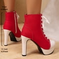 thumbnail image 4 of Heeled Ankle Boots for Women Fashion Round Toe Canvas Platform Heels Side Zipper Lace up Stilettos Furry Lined Booties Red Size 6.5, 4 of 7