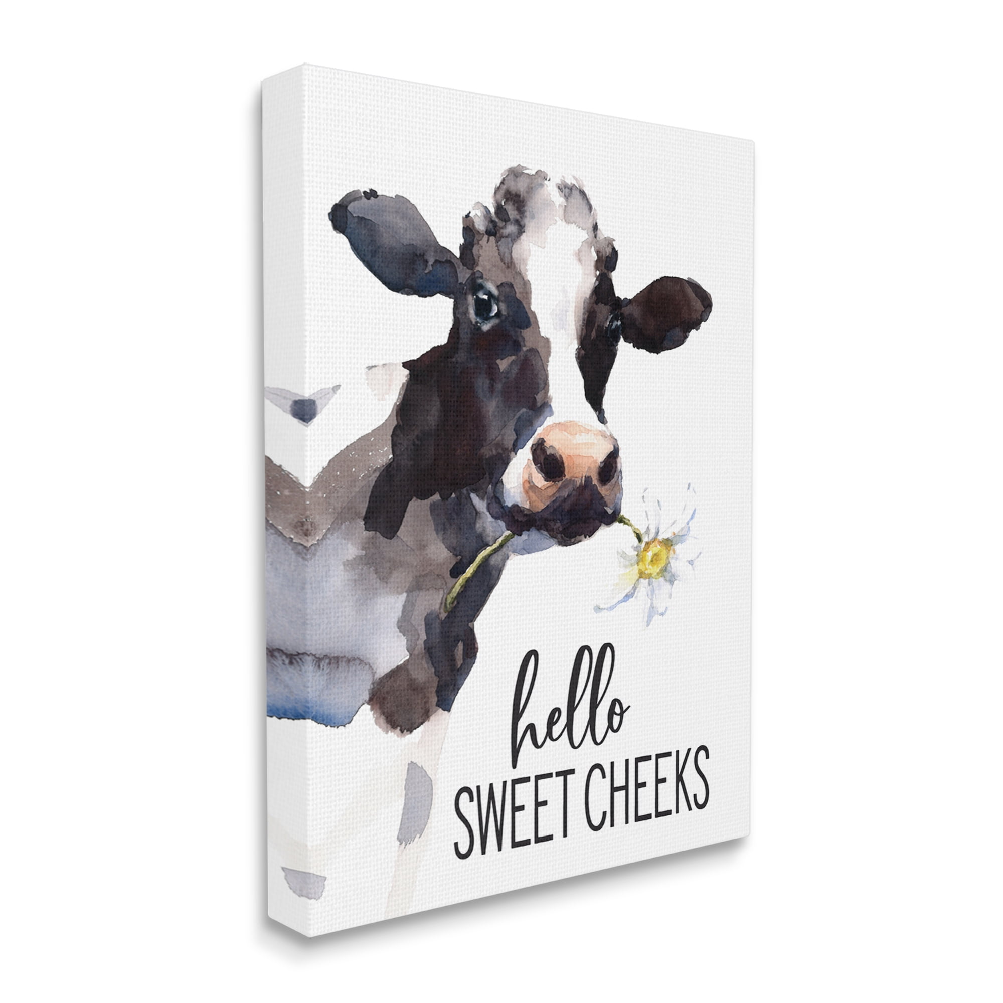 Stupell Industries Hello Sweet Cheeks Country Cow Cattle Holding Flower Graphic Art Gallery Wrapped Canvas Print Wall Art, Design by Lettered and Lined