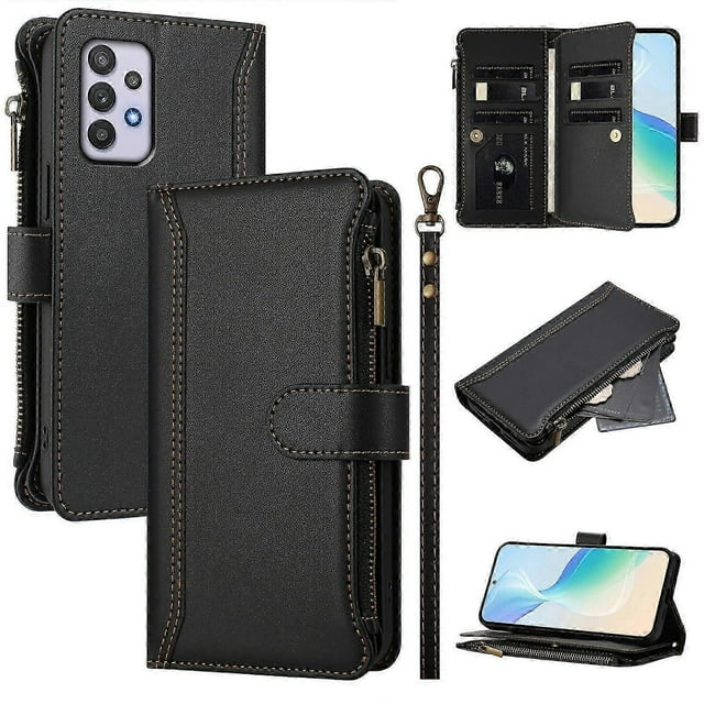 Case for Samsung Galaxy A32 4G Premium Leather Zipper Pocket Wallet Phone Case with 9 Card Slots and Detachable Wrist Strap