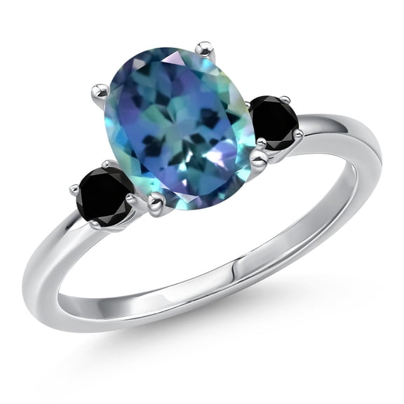 Gem Stone King 14K White Gold Millennium Blue Mystic Topaz and Black Diamond Engagement Ring for Women | 3.20 Cttw | Oval 10X8MM | Gemstone November Birthstone | Size 9