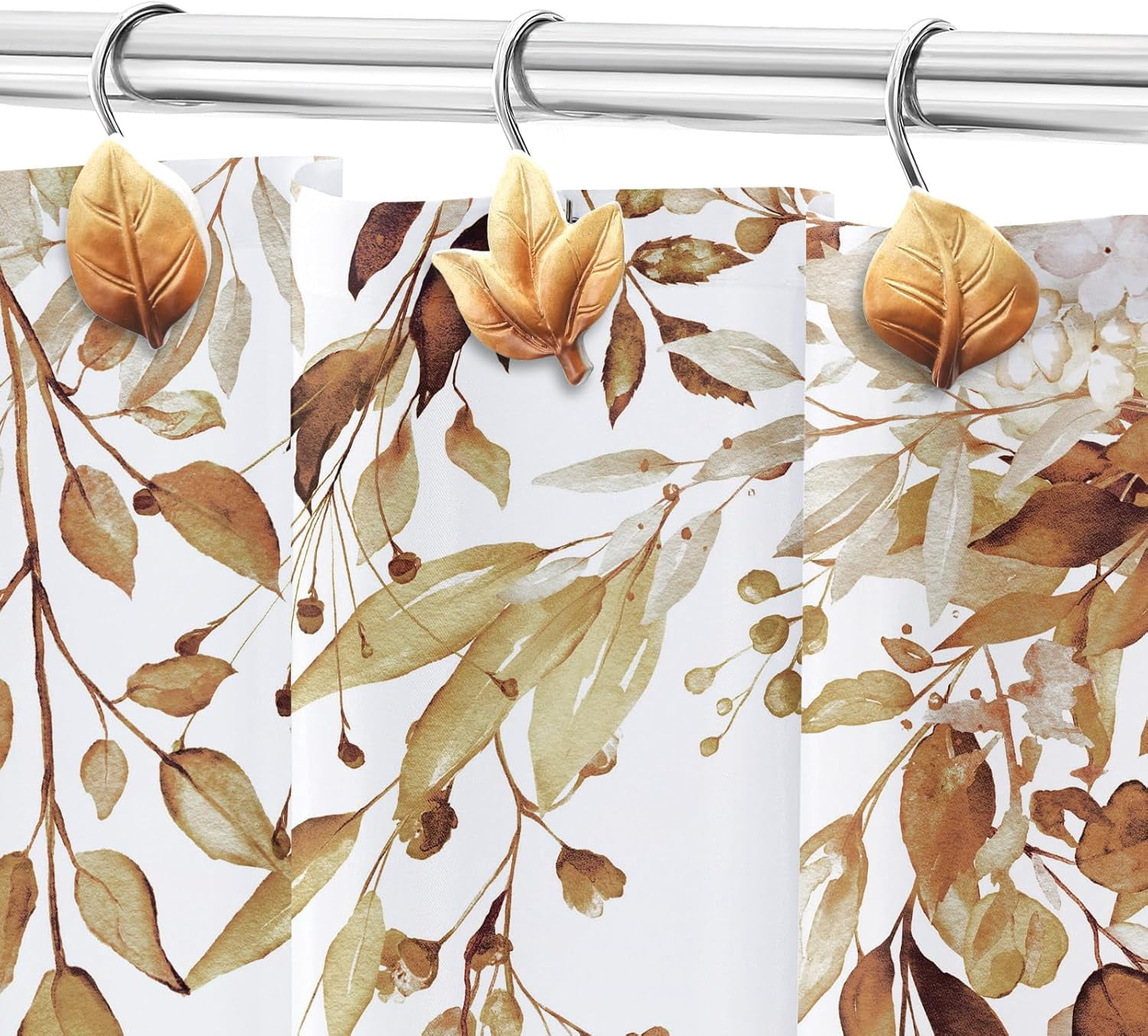 12PCS Leaves Shower Curtain Hooks, Brown Plant Leaf Decorative Shower Curtain Hooks Metal Rustproof Cute Eucalyptus Shower Curtain Rings Bathroom Decoration Accessories