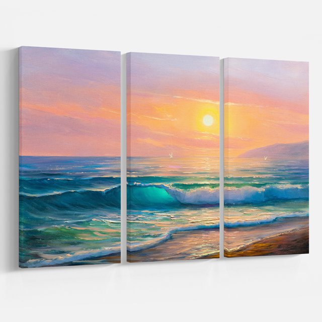 Designart - Vue du Coucher de Soleil sur la Mer - Paysages Mer & Rivage Ensemble de Toile Enveloppée