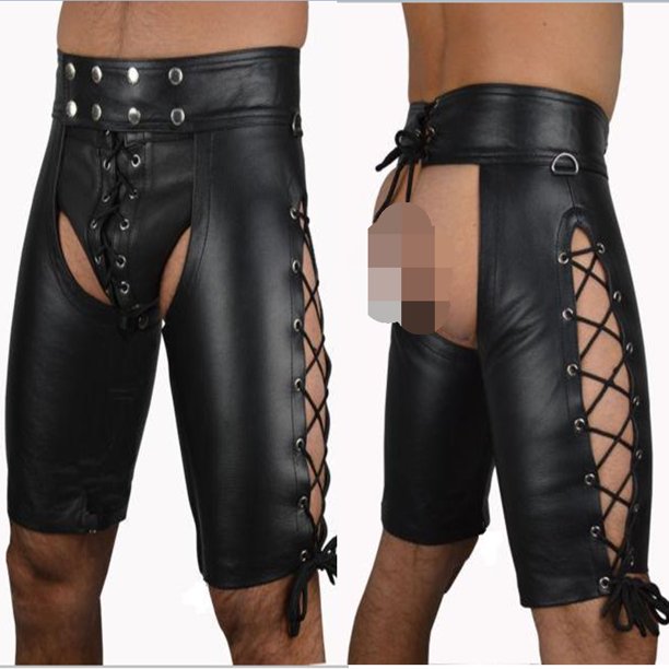 Lencería sexy europea y americana, pantalones cortos de cuero con entrepierna abierta y ajustados para hombres, pantalones de cuero artificial