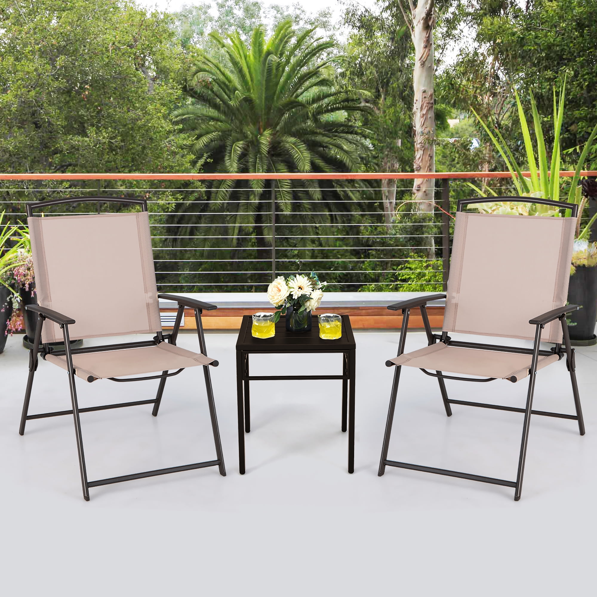 Costway 4 pcs Patio Folding Sling Dining Chairs Armrests Steel Frame Outdoor Beige