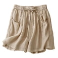 thumbnail image 4 of Cotton Linen Shorts for Women Summer Casual Lightweight Elastic Waist Wide Leg Loose Flowy Shorts with Pockets, 4 of 4