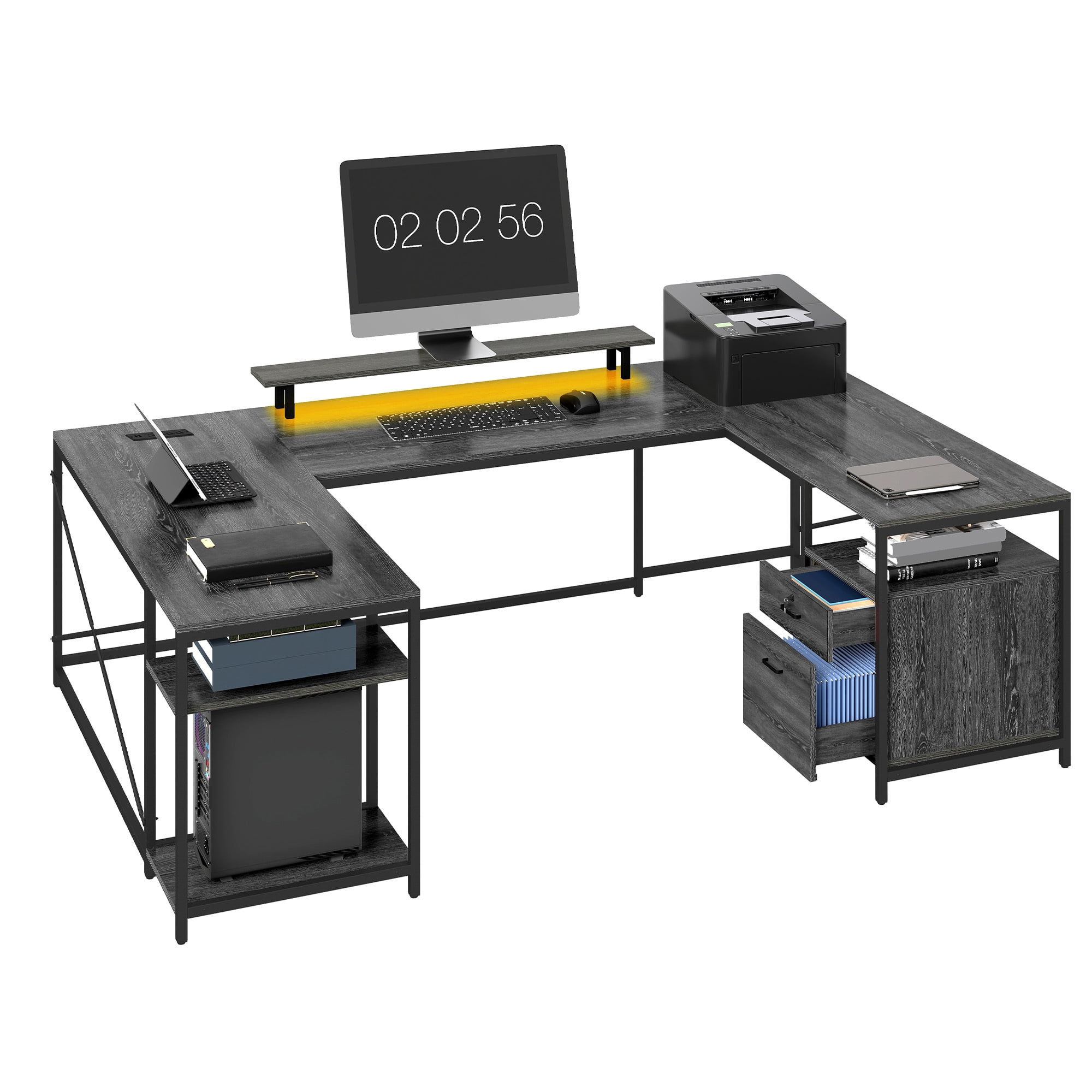 Uforic U Shaped Computer Desk with Power Outlets and LED Lights, Reversible L Shape Desk for Home Office, Gray