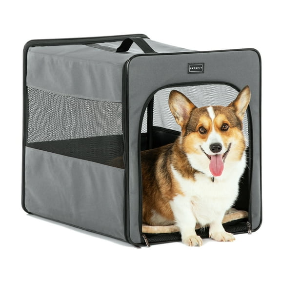 PETSFIT Soft Sided Dog Crate, Chewproof Design Breathable & Collapsible Dog Kennel, Indoor and Outdoor Use with Thicken Mat Grey