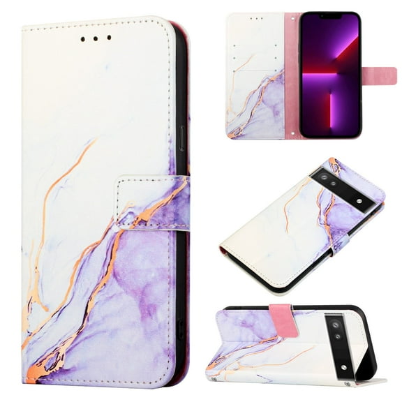 Crossbody Wallet Case for Google Pixel 6A, Marble Pattern Luxury PU Leather Detachable Shoulder Strap Lanyard Magnetic Clasp Flip Cover with Card Slots Holder Kickstand Case,White/Purple