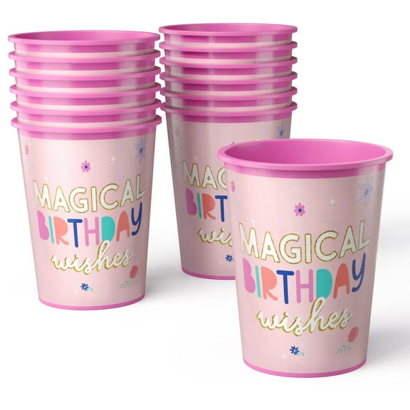 Amscan Reusable Plastic Party Cups 16 oz 12 Ct – Magical Unicorn Birthday – Stackable BPA-Free Cups