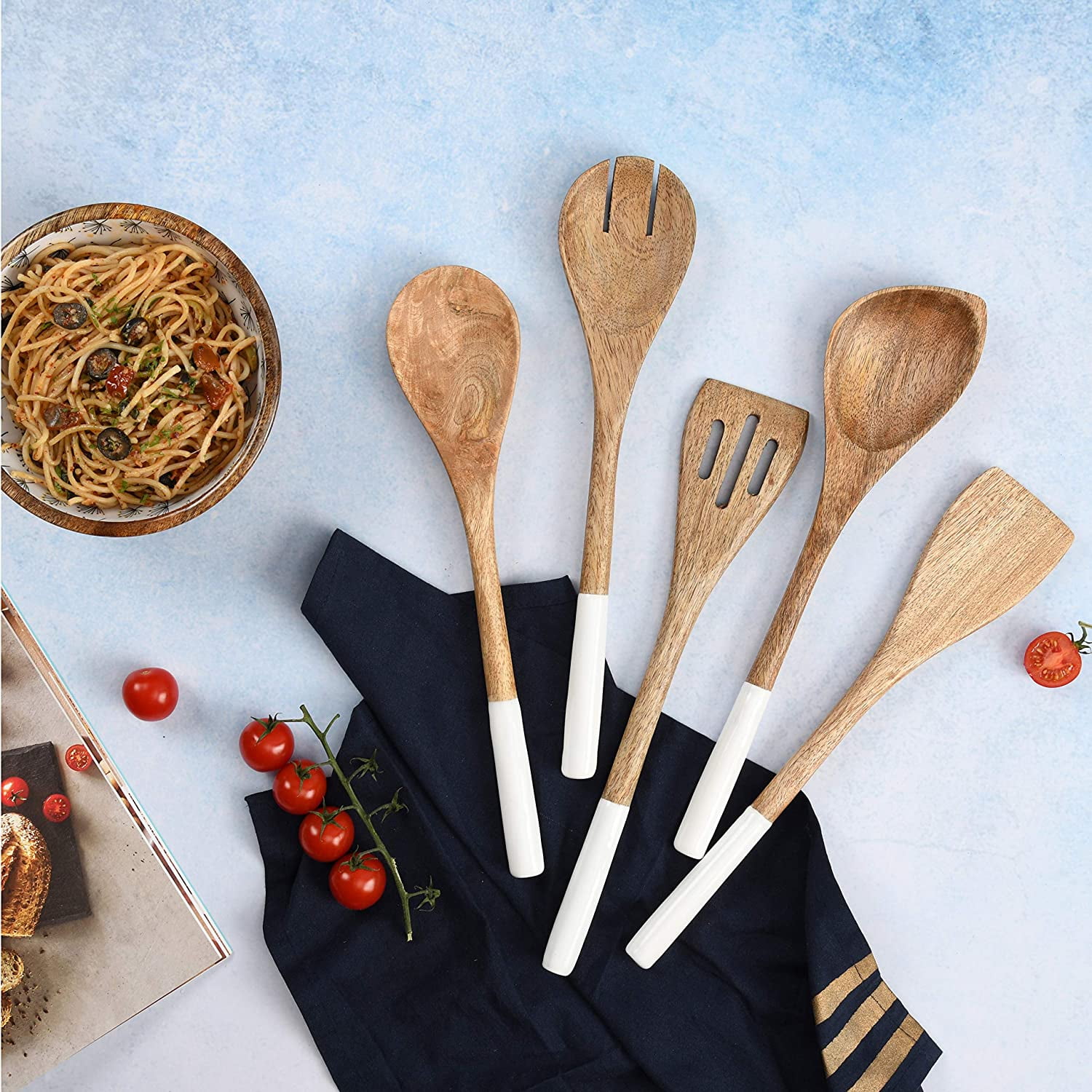 Folkulture Wooden Spoons for Cooking Set for Kitchen, Non Stick Cookware Tools or Utensils, Set of 5 - 12 inches long, Acacia Wood, White