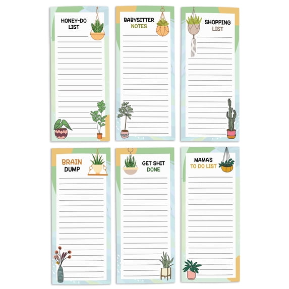 Inkdotpot Pack of 6 Funny Magnetic Dry Erase List For Fridge, Wipe Clean w/ NoStain, Quick Notes Shopping & Grocery List Whiteboard for Fridge, 8.75" x 3.8"(House Plants)