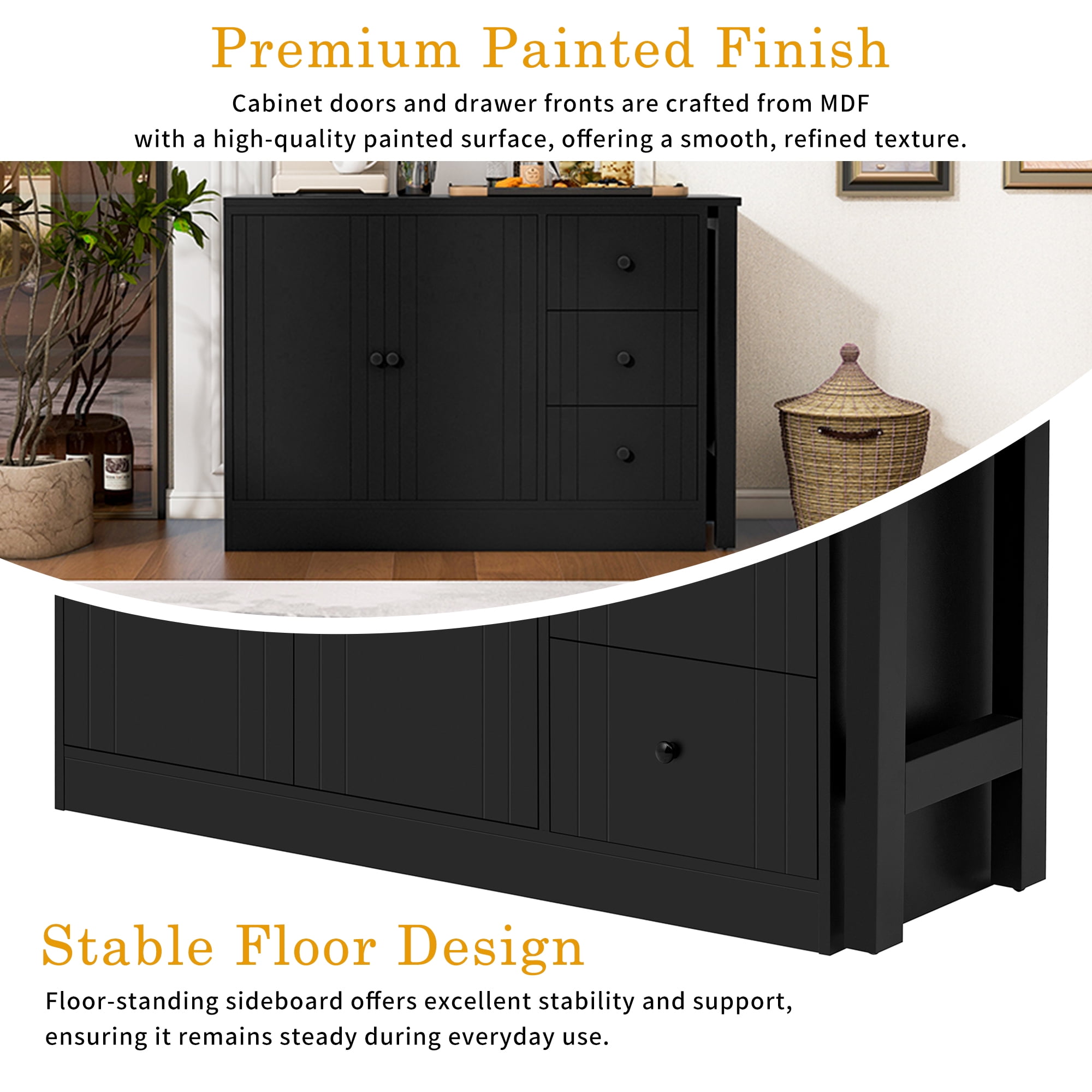 Aukfa Space-Saving Sideboard with 47" Extendable Dining Table,Buffet Cabinet for Kitchen Dining Living Room,Black