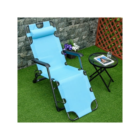 Outsunny Tanning Chair, 2-in-1 Beach Lounge Chair & Camping Chair w/ Pillow & Pocket, Adjustable Chaise for Sunbathing Outside, Patio, Poolside