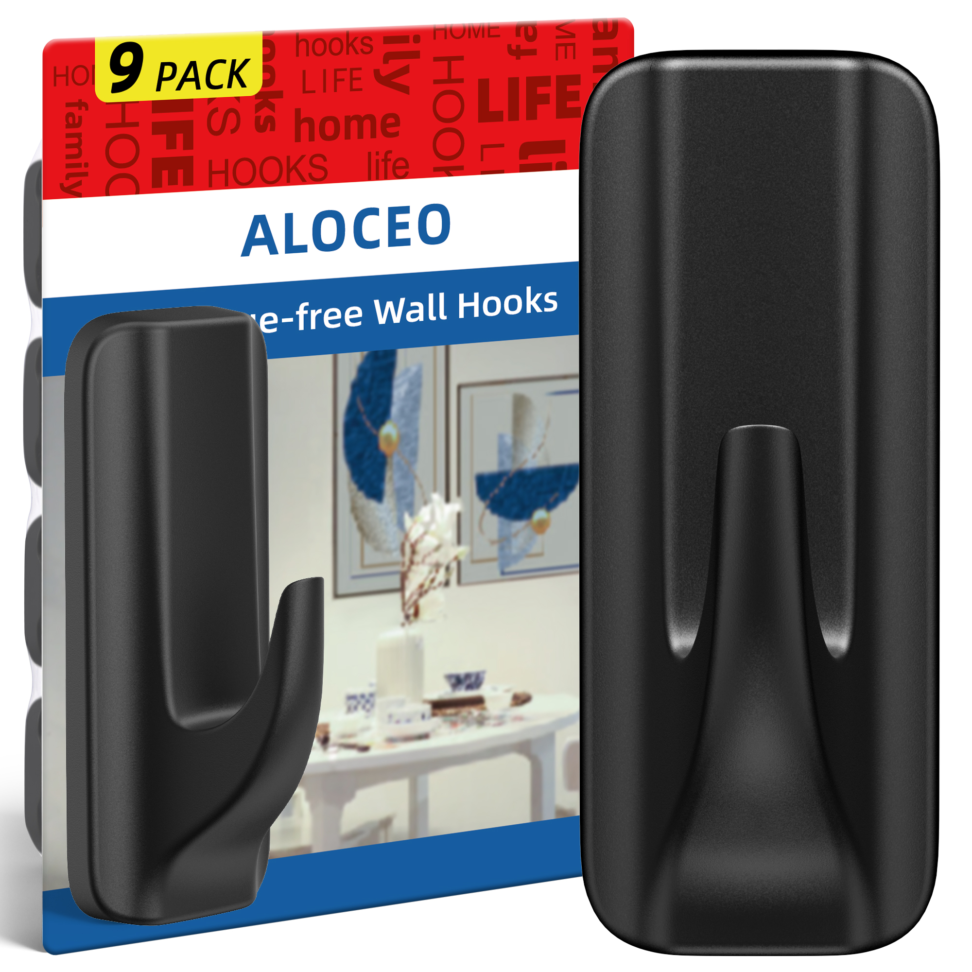 ALOCEO Black Towel Hook Shower Adhesive Hooks , 9 Hooks and 12 Strips
